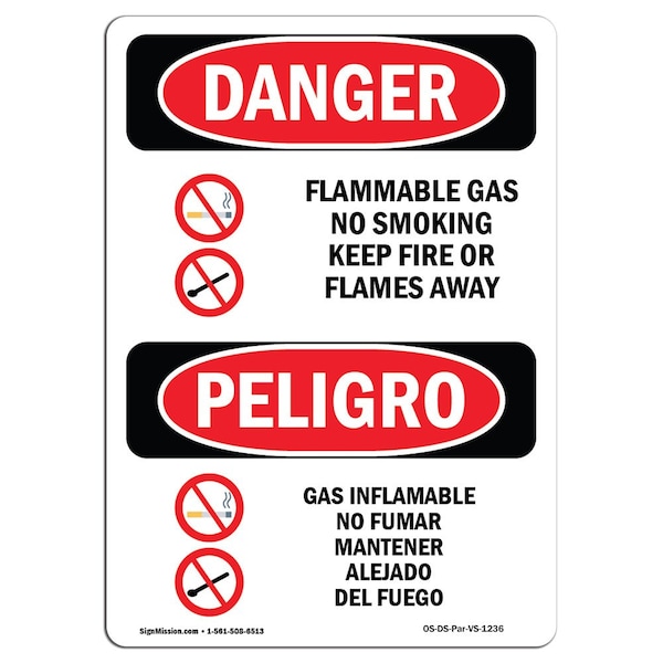 Safety Sign, OSHA Danger, 24" Height, Aluminum, Flammable Gas No Smoking Spanish